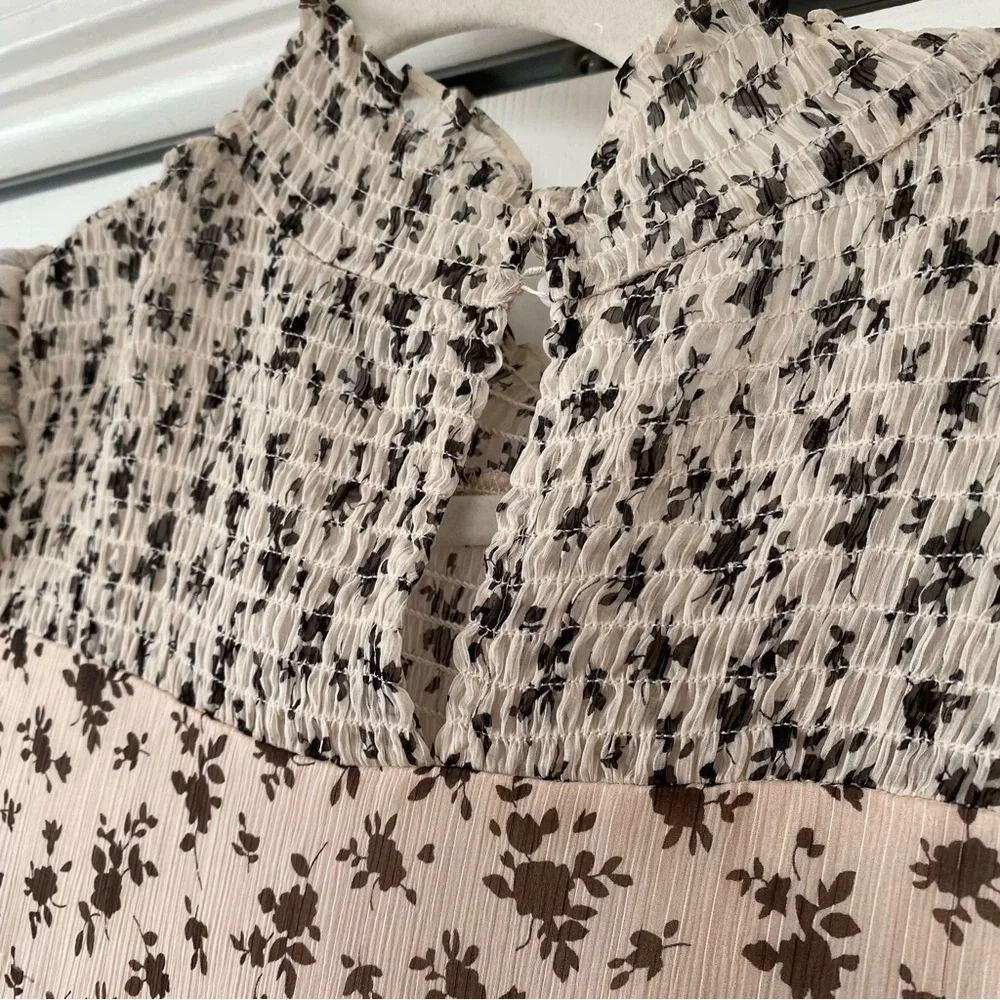 English Factory | Brown Floral Smocked High‑Neck Midi Prairie Cottagecore Dress